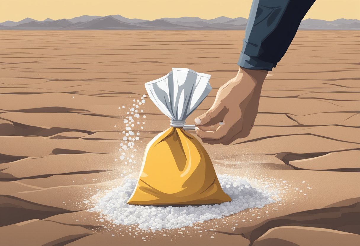 A hand holding a bag of salt pours it onto barren land