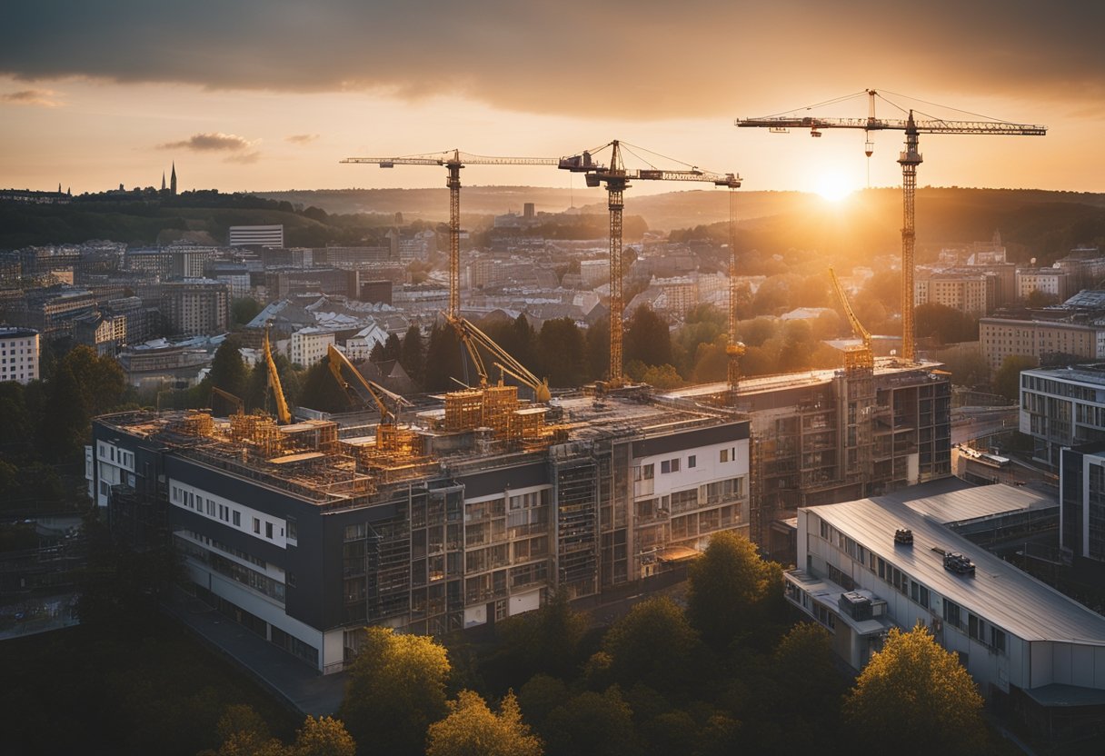 A bustling construction site in Luxembourg, with cranes towering over the city skyline. The sun sets behind the buildings, casting a warm glow over the scene