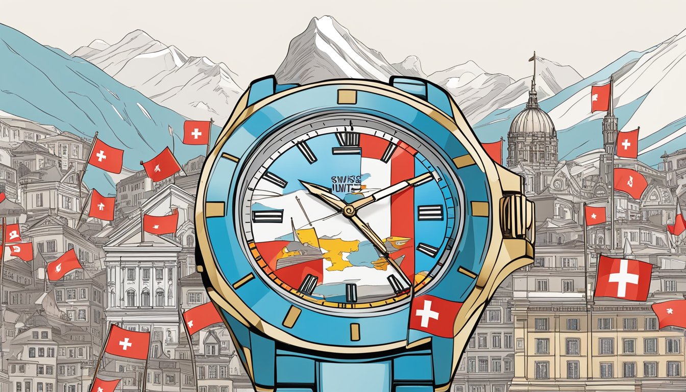 A Swiss watch surrounded by iconic Swiss landmarks, with international flags flying in the background