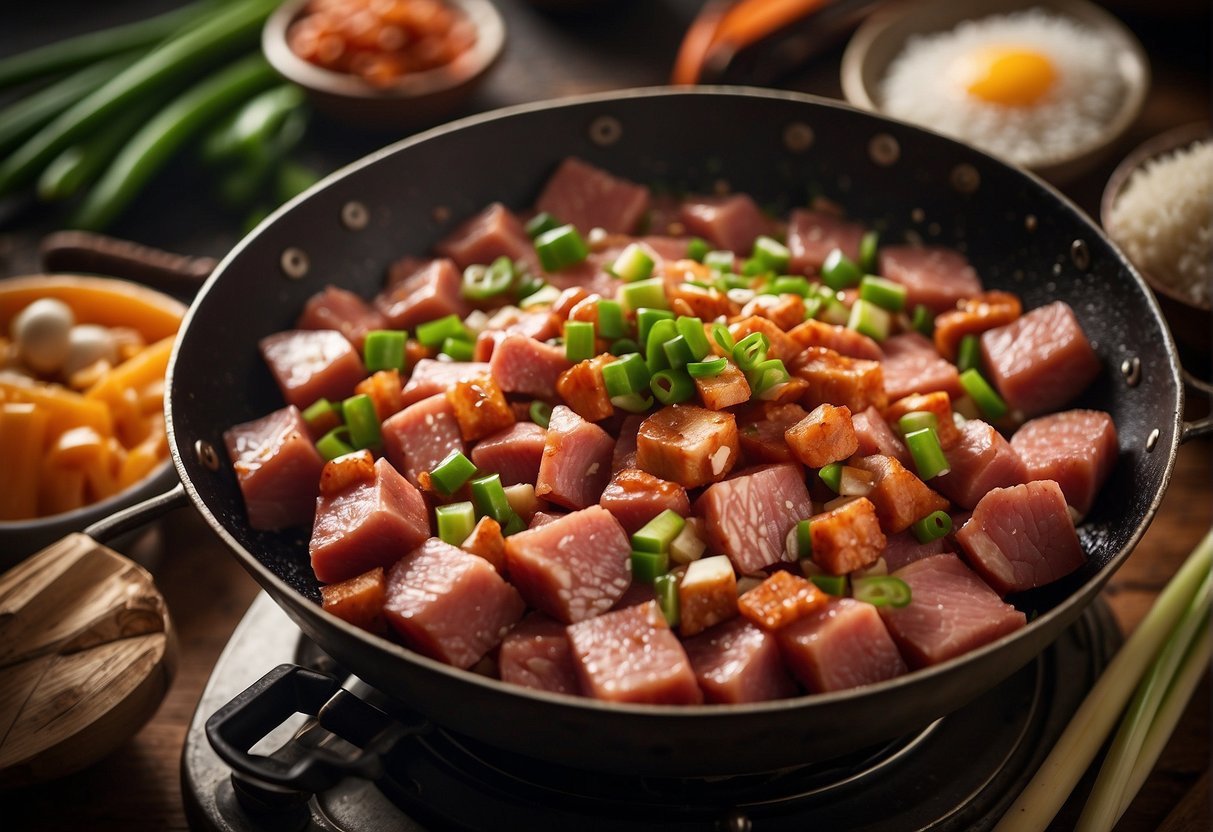 A sizzling wok filled with diced Chinese luncheon meat, garlic, and green onions, surrounded by various cooking ingredients and utensils