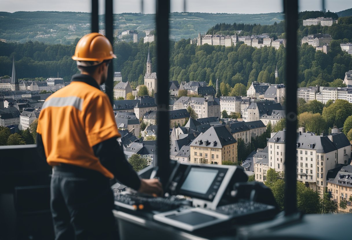 A crane operator working in Luxembourg, surrounded by modern cityscape and multicultural environment
