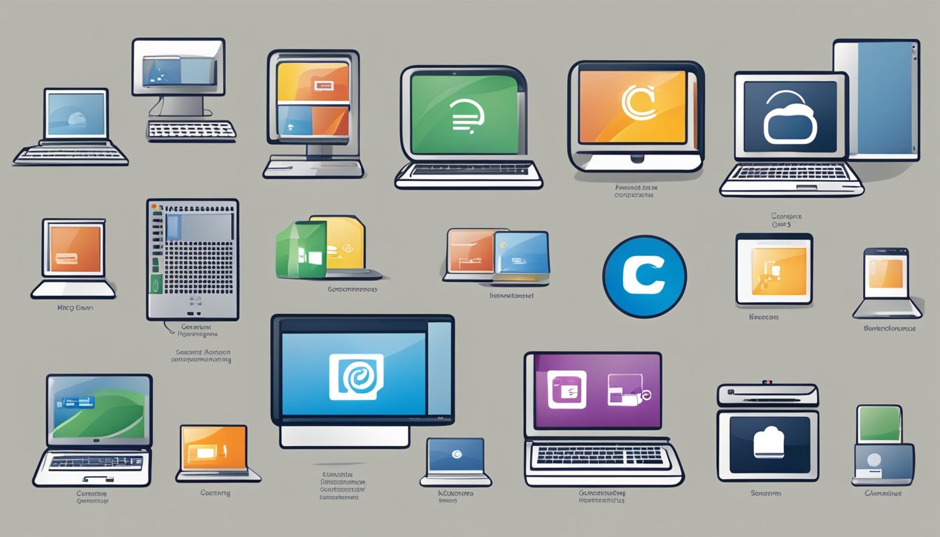 Various computer brands and their respective operating systems are displayed in an interconnected ecosystem, symbolizing the diverse options available to consumers