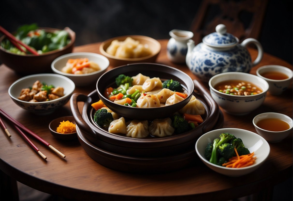 A table set with various Chinese dishes, including stir-fried vegetables, sweet and sour chicken, and steamed dumplings. Chopsticks and a teapot complete the scene