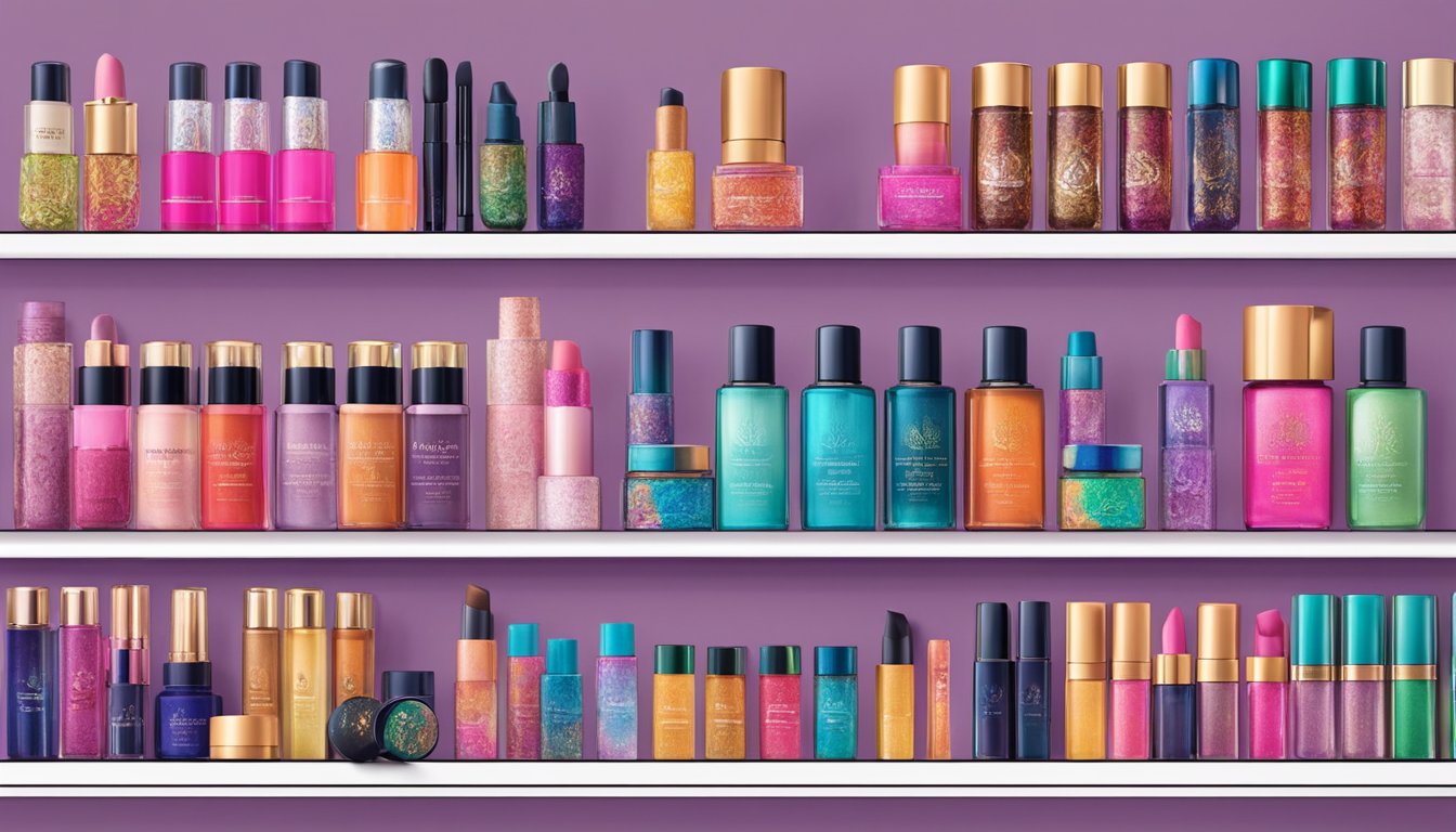 Vibrant Thai makeup brands displayed on shelves with intricate packaging and bold colors