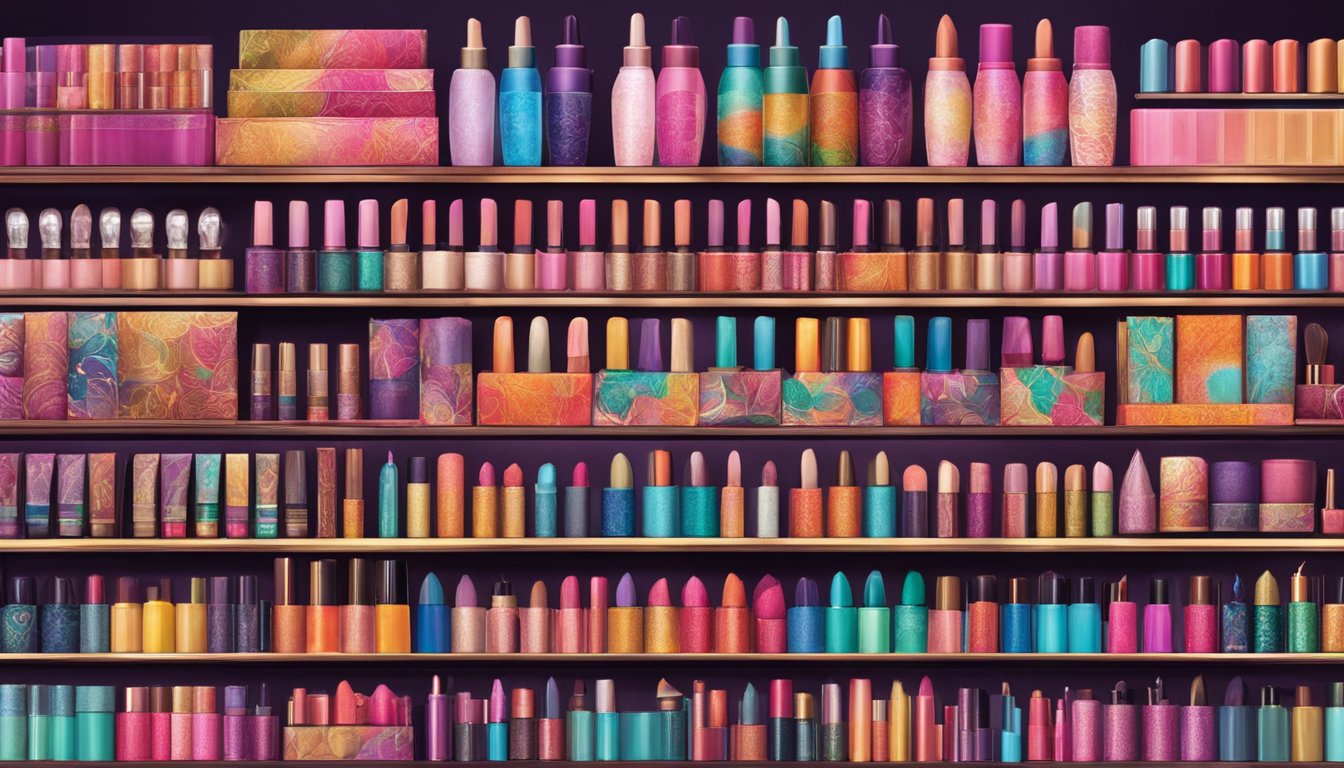 A vibrant display of Thai makeup brands on shelves, with bold colors and intricate packaging, symbolizing the rise of the industry
