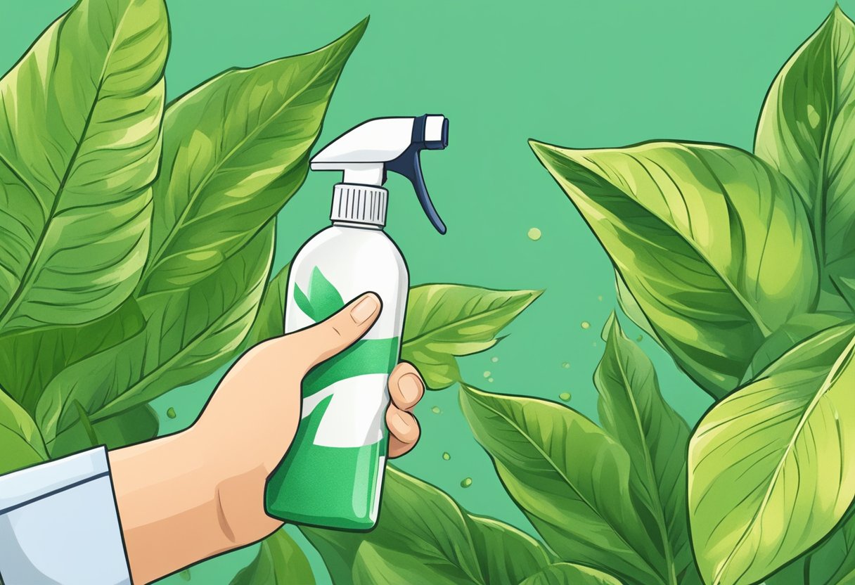 A hand holding a spray bottle applies copper fungicide to green leaves on a plant
