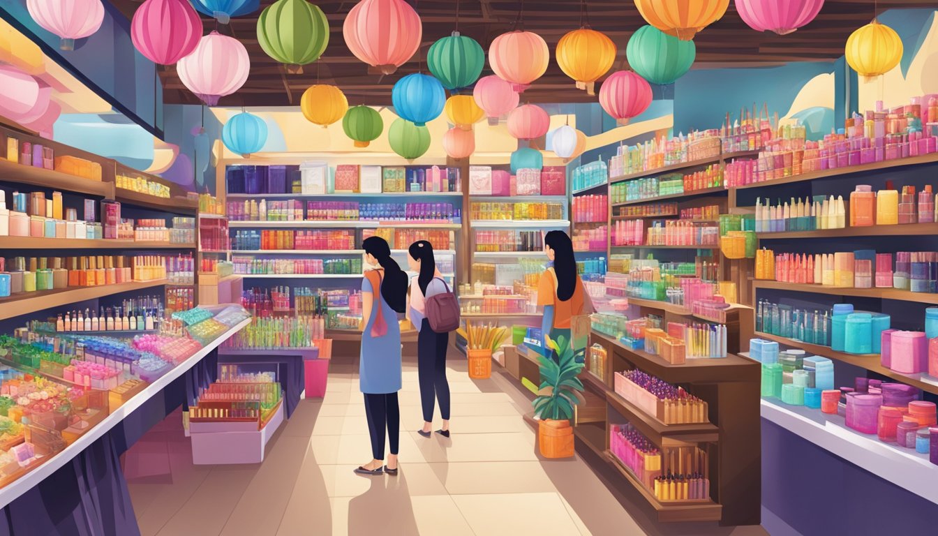 Vibrant Thai makeup brands displayed in a bustling market setting, showcasing an array of colorful products and intricate packaging designs