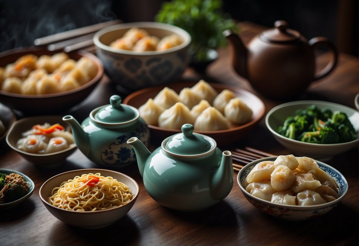A table set with various Chinese dishes, including stir-fried noodles, dumplings, and steamed vegetables. Chopsticks and a teapot complete the scene