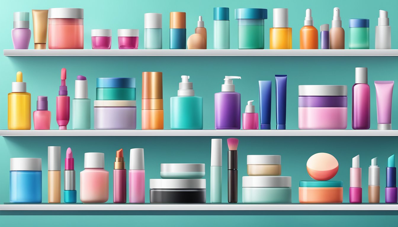 Various colorful cosmetic products arranged on a clean, modern display shelf