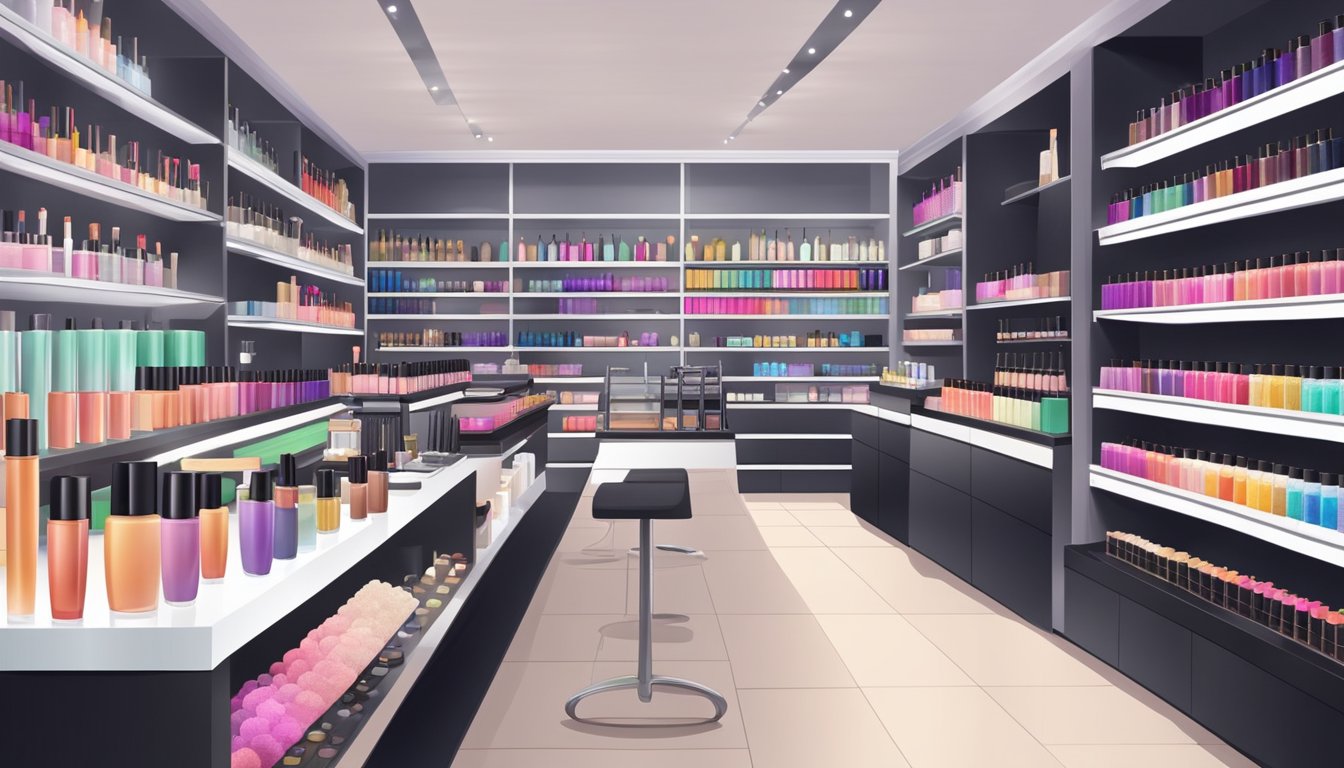 A sleek, modern makeup store filled with vibrant, high-quality Thai beauty products displayed on elegant shelves and countertops