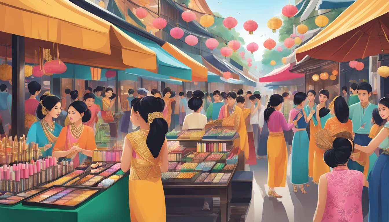 A vibrant display of Thai makeup brands, featuring traditional motifs and modern influences, surrounded by bustling market activity