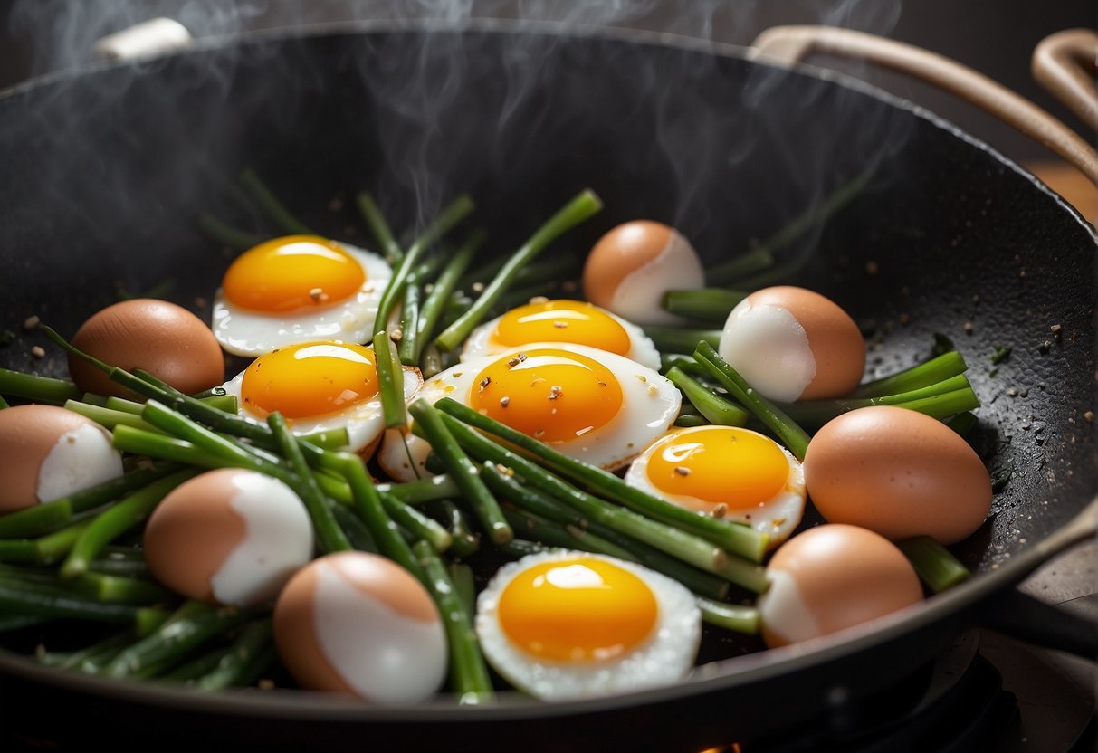 A wok sizzles as eggs, soy sauce, and green onions are mixed together. Aromas of sesame oil and ginger fill the air