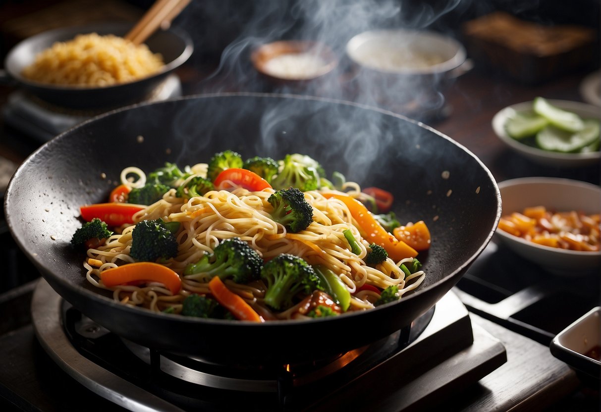 Sizzling wok with colorful stir-fried vegetables and noodles, steaming and aromatic, surrounded by traditional Chinese cooking ingredients