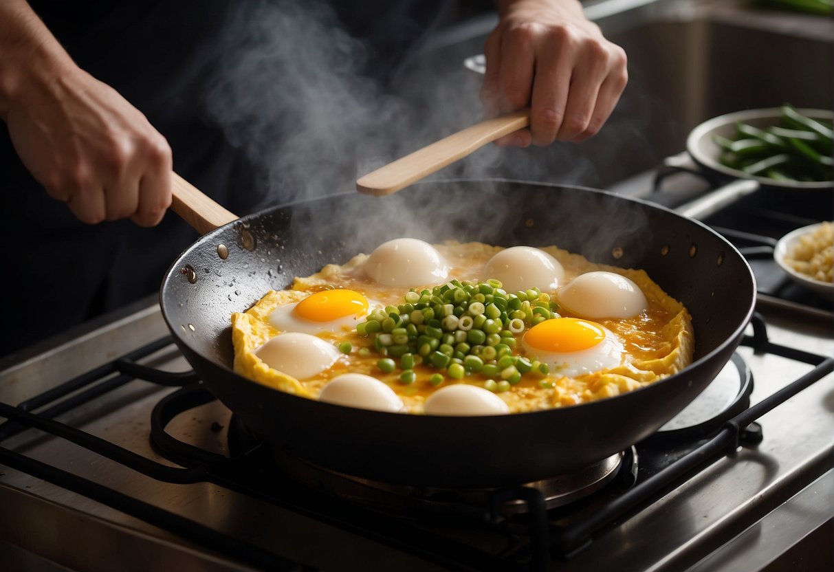A wok sizzles with beaten eggs, soy sauce, and green onions. A spatula flips the omelette as it cooks to golden perfection
