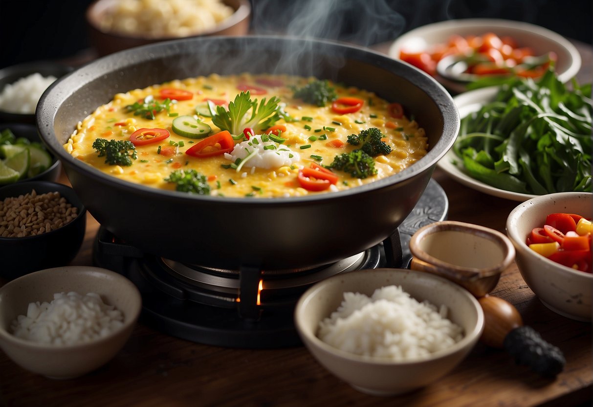 A sizzling Chinese-style omelette sizzles in a hot wok, surrounded by vibrant vegetables and aromatic spices. A steaming bowl of rice sits nearby, ready to be paired with the flavorful dish