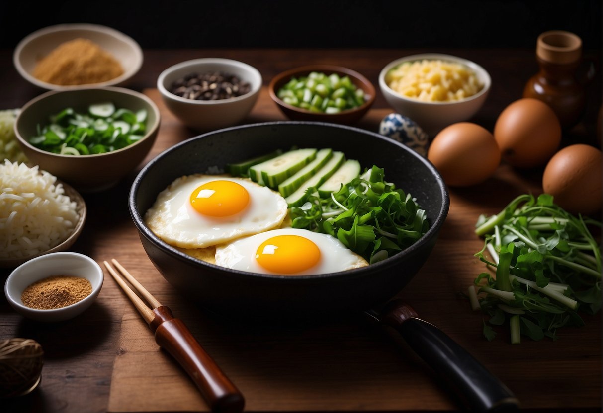 A table set with various ingredients like eggs, scallions, and soy sauce, alongside different cooking utensils, showcasing the cultural significance and variations of a Chinese-style omelette recipe