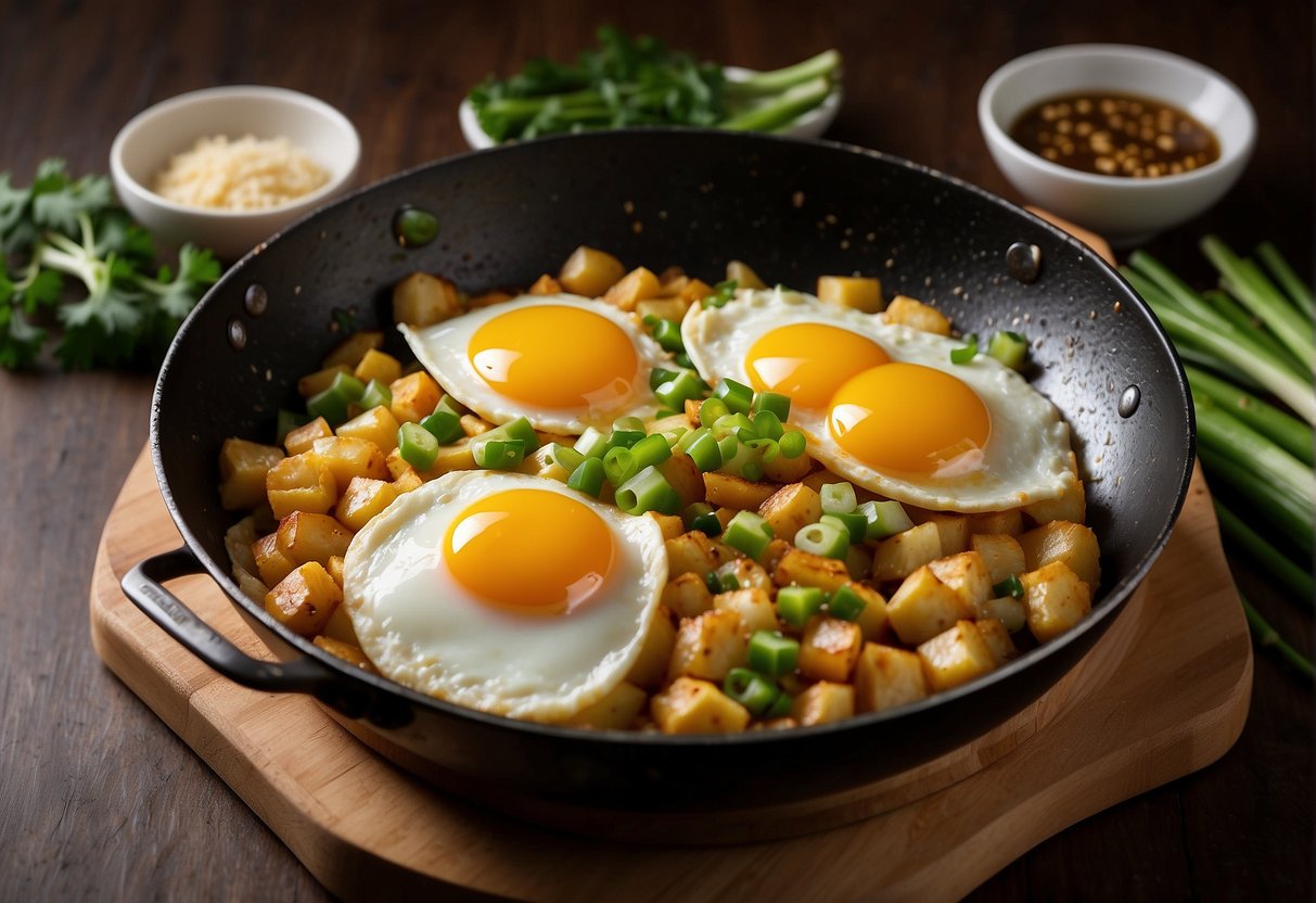 A sizzling wok with eggs, green onions, and soy sauce. A spatula flips the omelette, steam rising. Chinese characters spell "FAQ" in the background