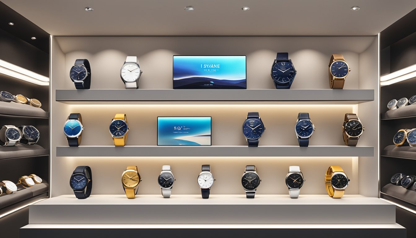 A display of top 10 watch brands in Singapore showcased on a sleek, modern shelf with elegant lighting and minimalistic branding