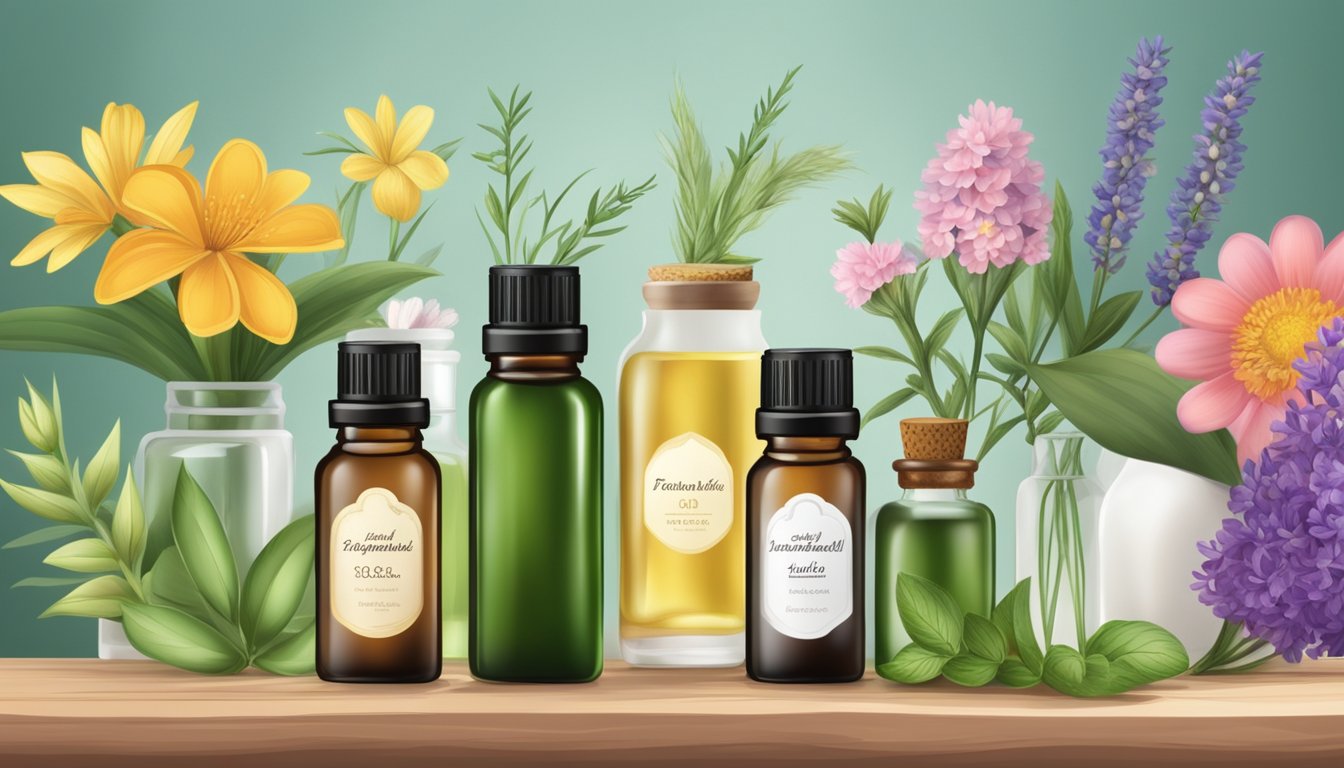 Bottles of top essential oil brands arranged on a wooden table with natural elements like flowers and herbs in the background