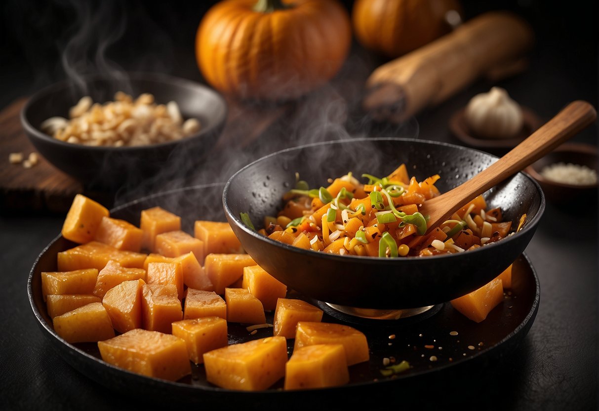 A wok sizzles as diced pumpkin, ginger, and garlic fry in hot oil. Soy sauce and spices add color and aroma