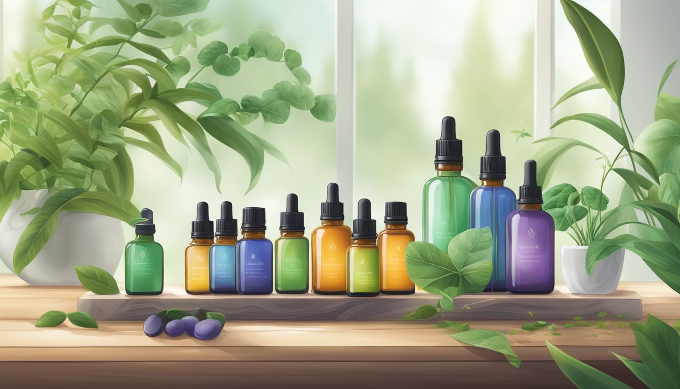 A table with various essential oil bottles, surrounded by lush green plants and natural elements. A diffuser emits a soft mist, creating a serene atmosphere