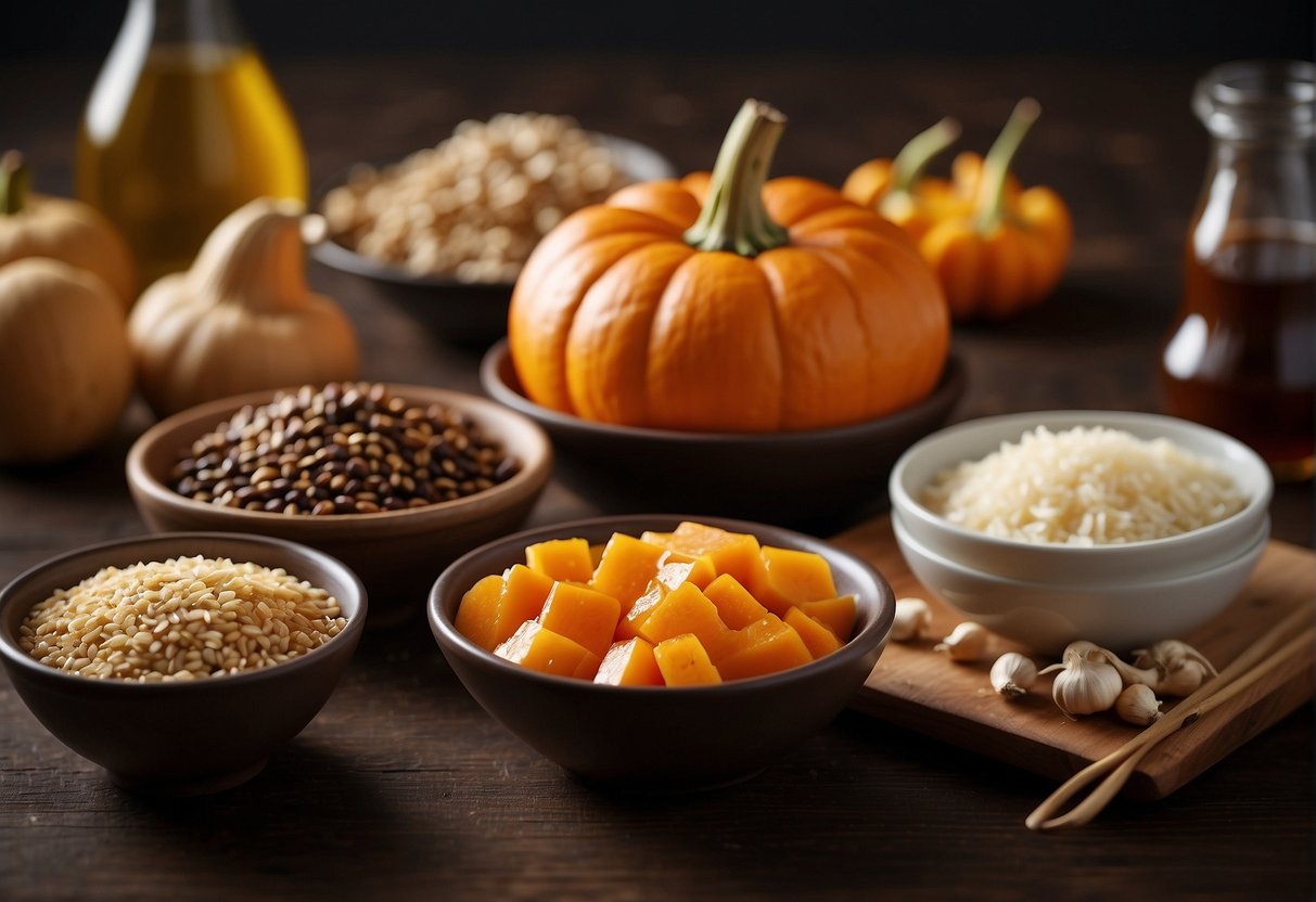 A table with fresh pumpkin, soy sauce, ginger, and garlic. Bowls of sesame oil, sugar, and vinegar nearby. Ingredients for substitutions labeled