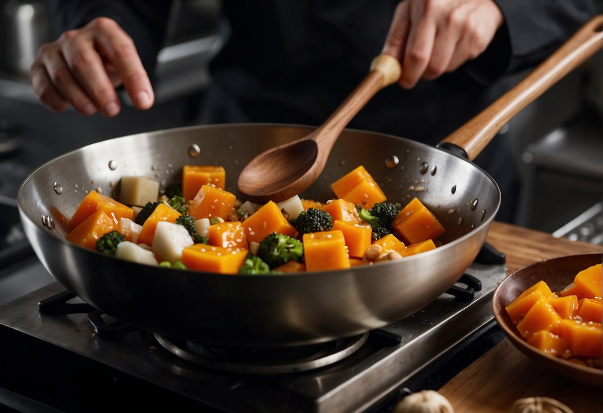 A wok sizzles with diced pumpkin, garlic, and ginger. A chef adds soy sauce and sugar, then stirs with a wooden spatula