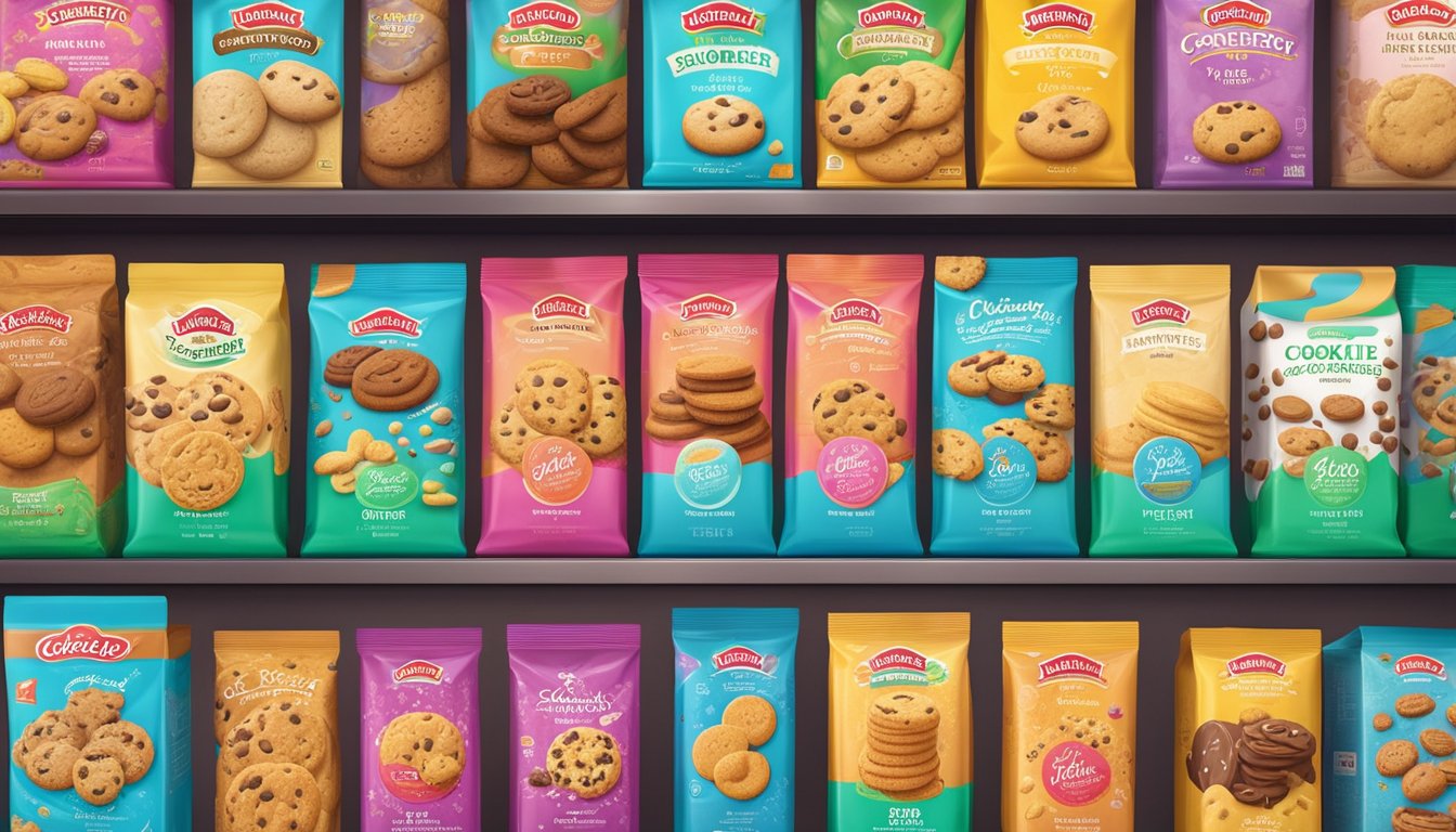 A colorful display of popular cookie brands in Singapore, arranged neatly on shelves with vibrant packaging and enticing flavors