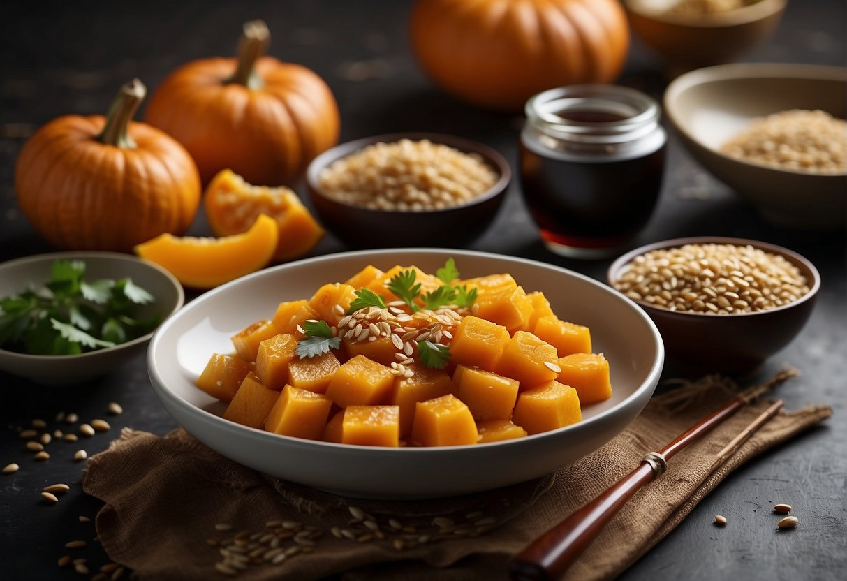 A table with a plate of Chinese-style pumpkin dish, surrounded by ingredients like ginger, garlic, soy sauce, and sesame oil. A nutrition label displaying the benefits of the recipe