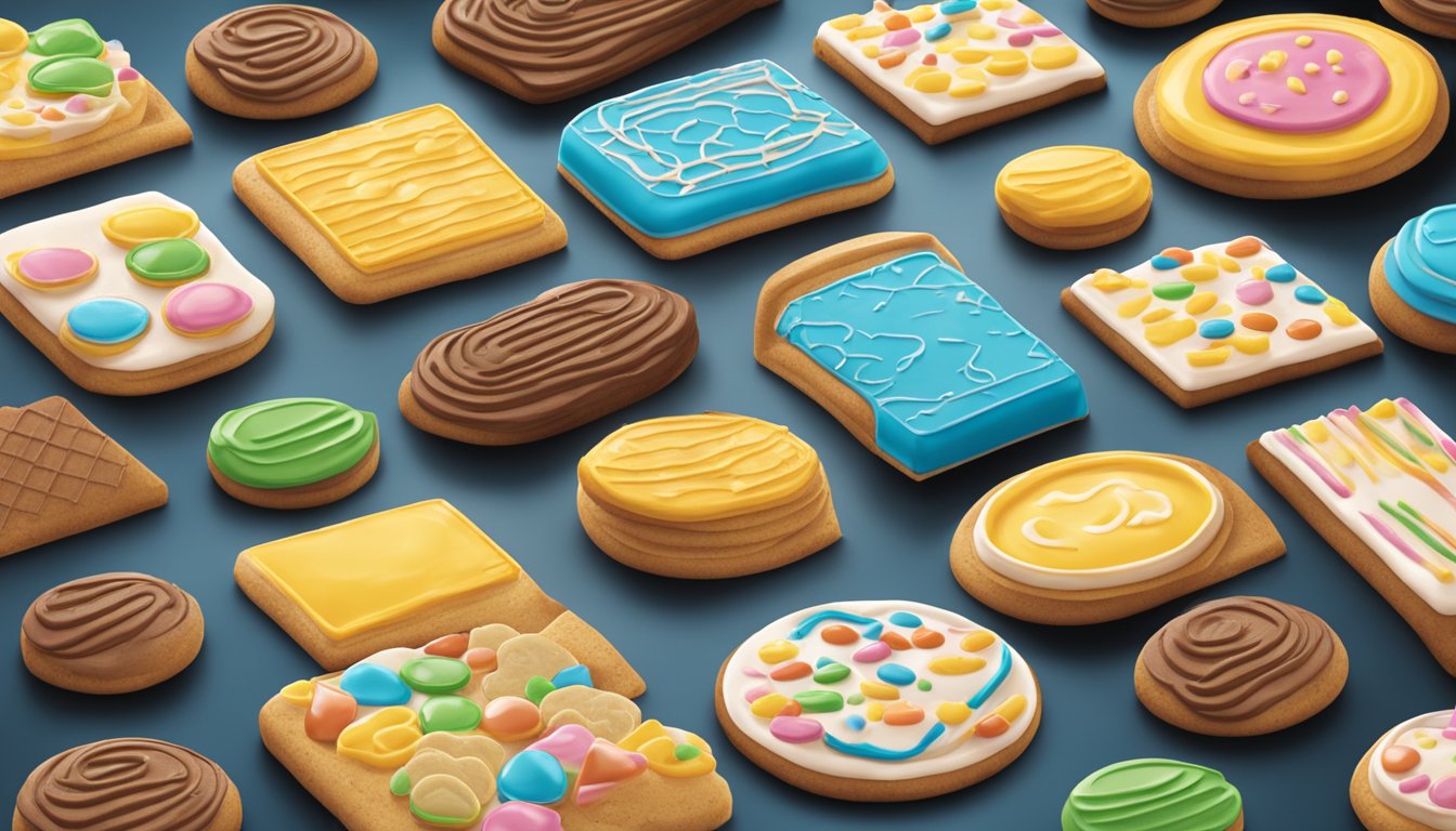 A table displays assorted cookies with unique shapes, colors, and toppings for Innovative Cookie Varieties brand