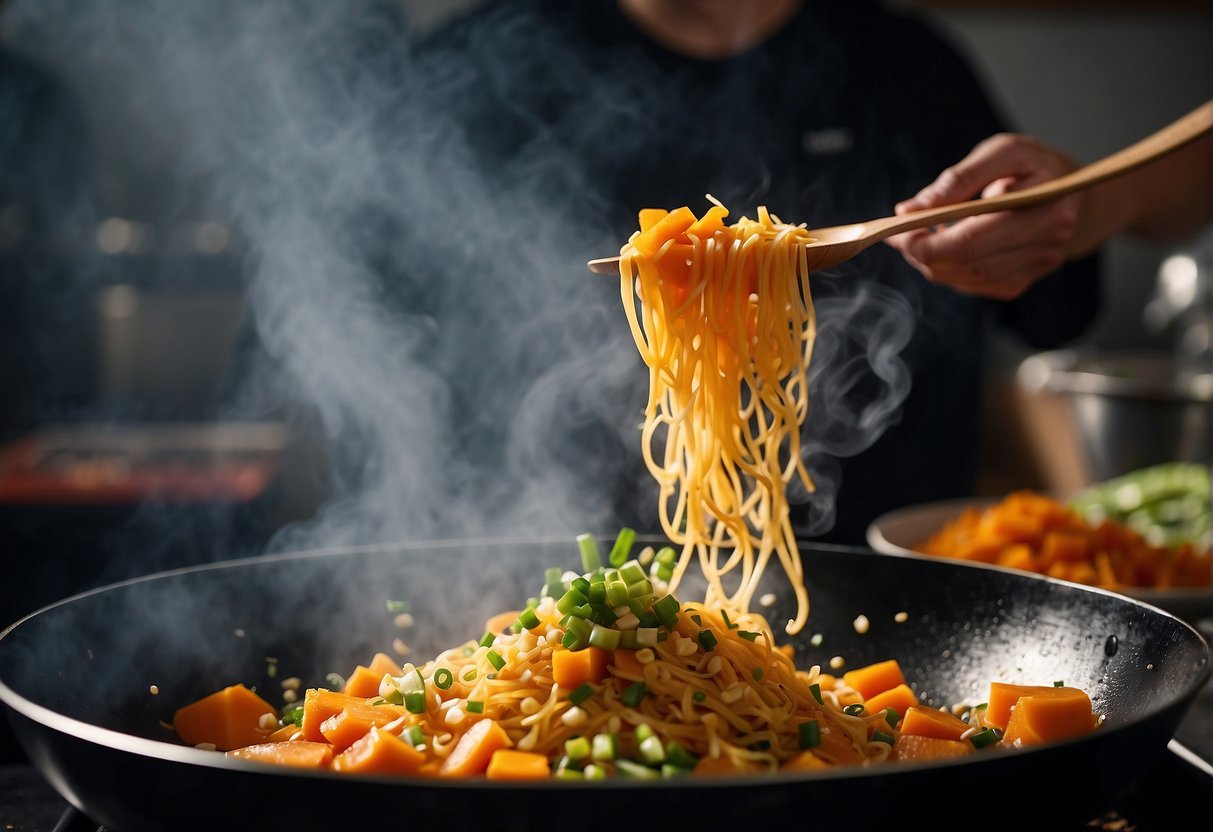 A steaming wok sizzles with diced pumpkin, ginger, and garlic. A splash of soy sauce adds color to the bubbling mixture. Green onions and sesame seeds garnish the finished dish