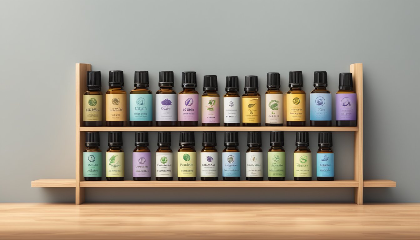 Various essential oil bottles arranged on a wooden shelf, with each brand's logo prominently displayed