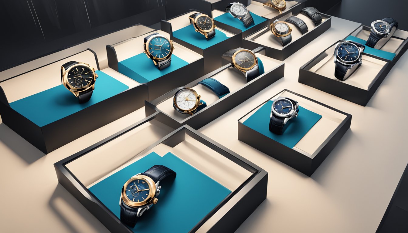 A display of top 10 luxury watch brands in Singapore, featuring iconic timepieces in a sleek and modern setting