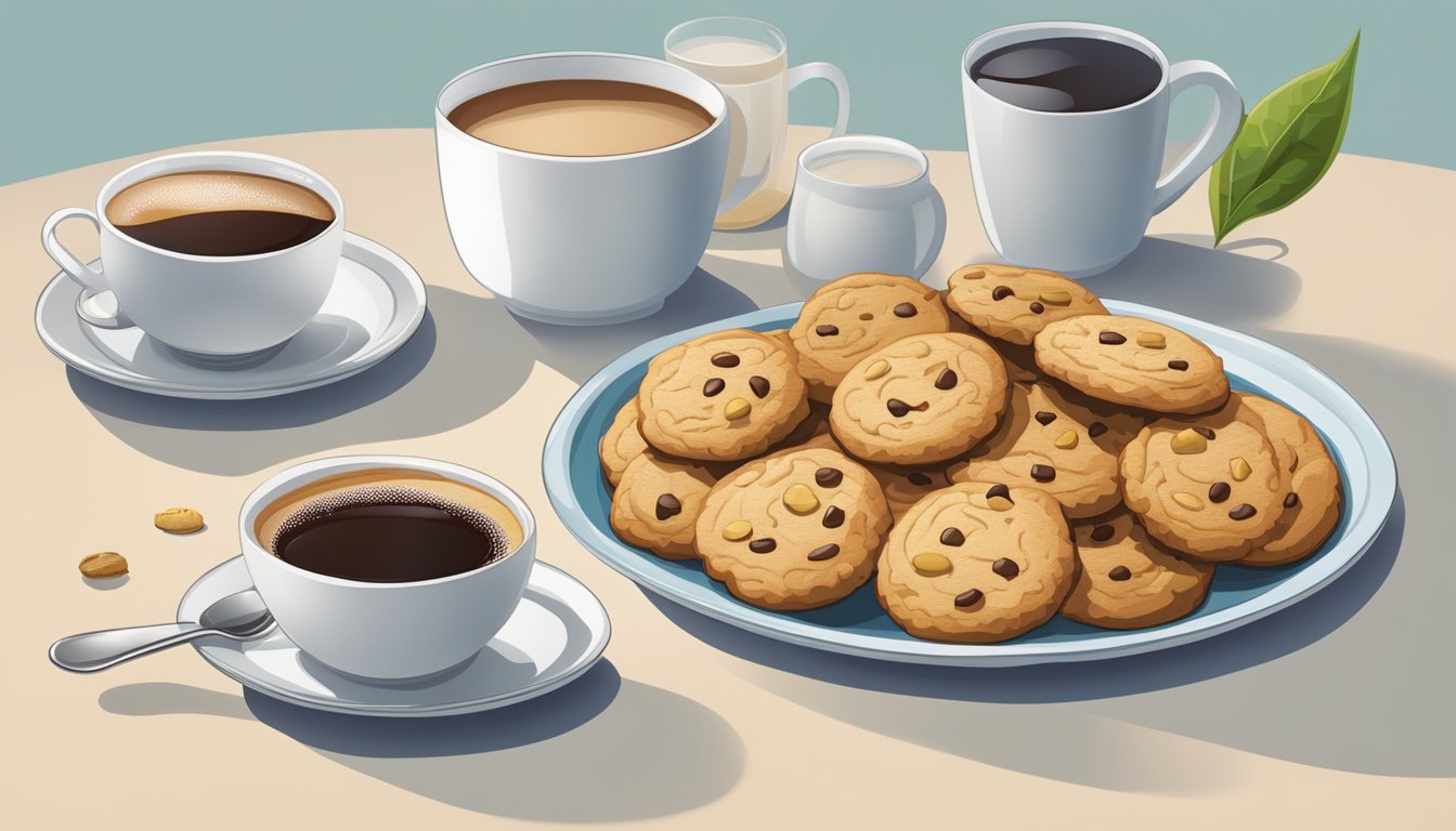 A plate of cookies sits next to a variety of beverages, including coffee, tea, and milk. The cookies are arranged neatly and look delicious