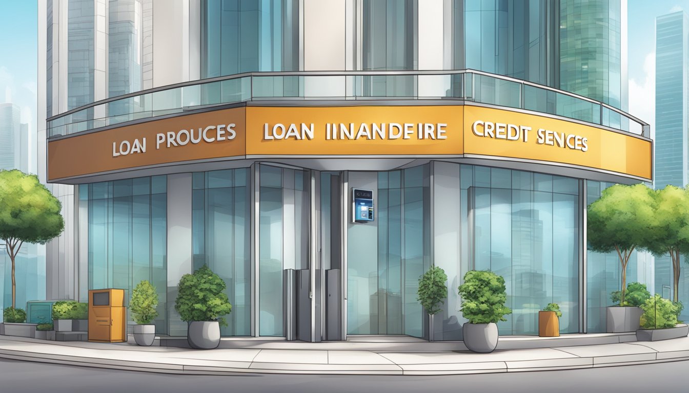 A sleek, modern office with a sign reading "Loan Products and Services credit money lender in Singapore" displayed prominently