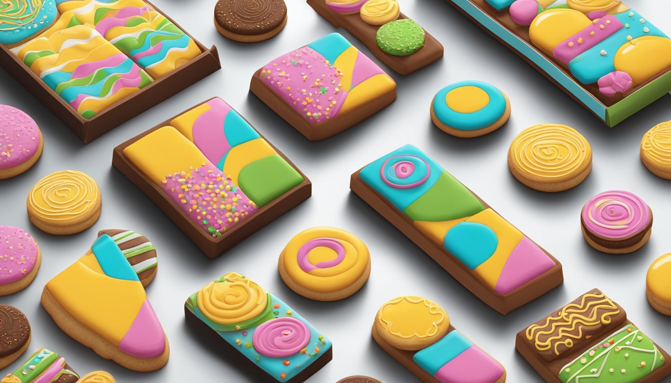 A display of modern, colorful cookies with unique designs and packaging, showcasing the latest trends in cookie culture
