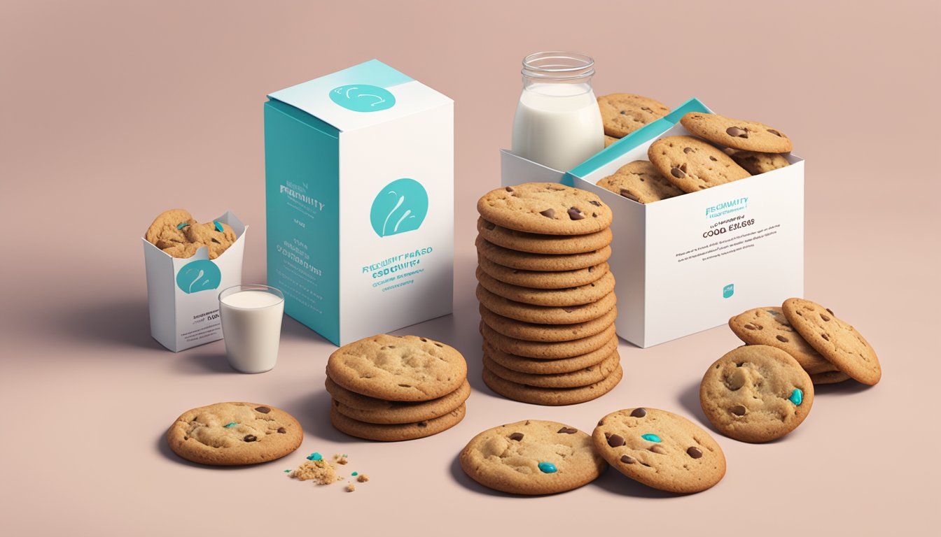 A stack of cookie boxes with "Frequently Asked Questions" branding, surrounded by crumbs and a glass of milk