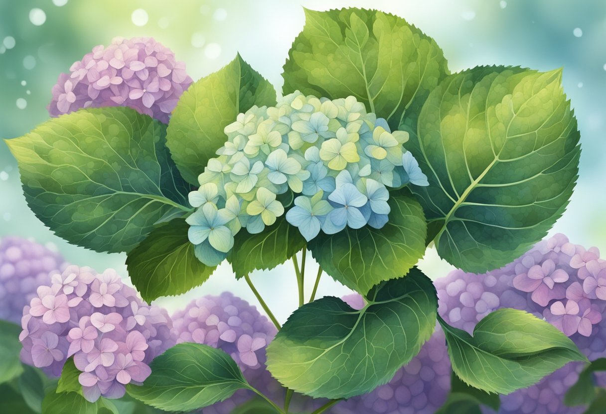 Hydrangea leaves with black spots are sprayed with a fungicide, then gently wiped with a damp cloth to remove the spots