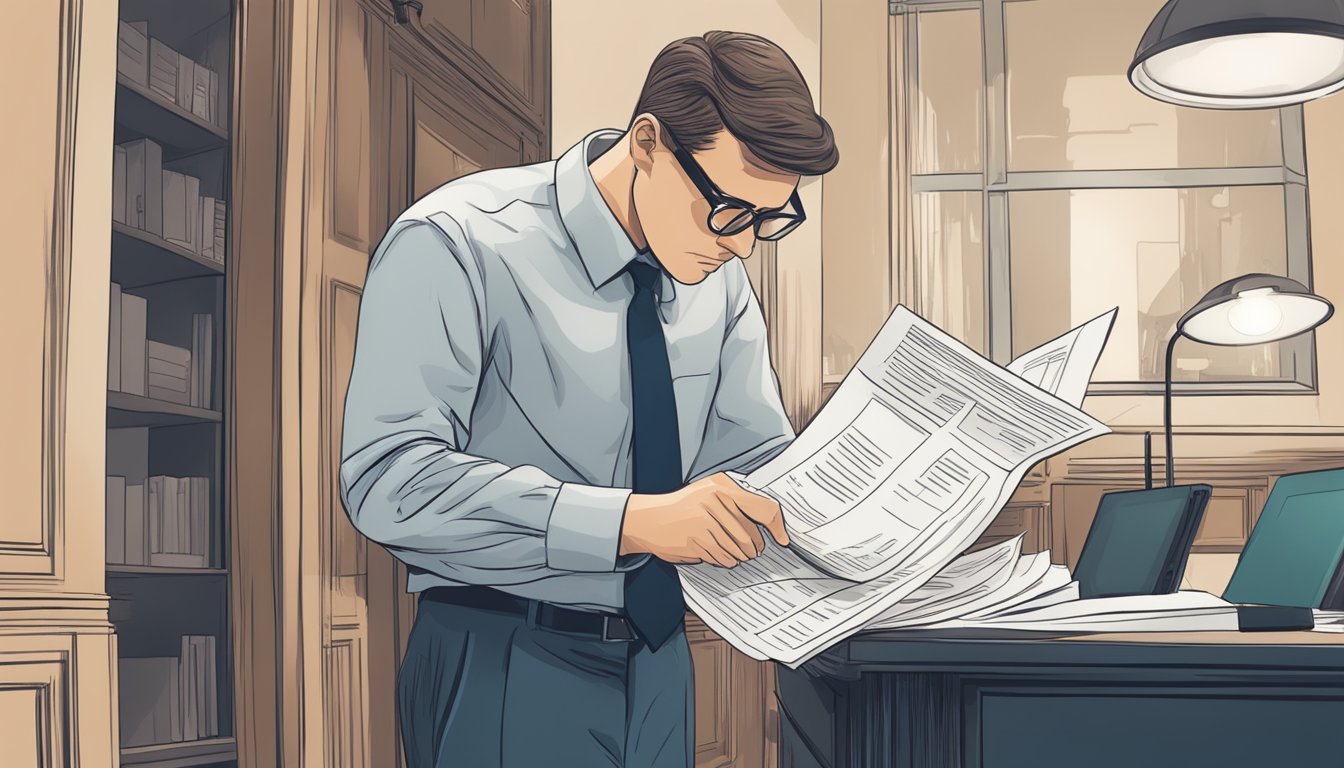 A person carefully examines a contract while a shady figure lurks in the background, attempting to steal personal information