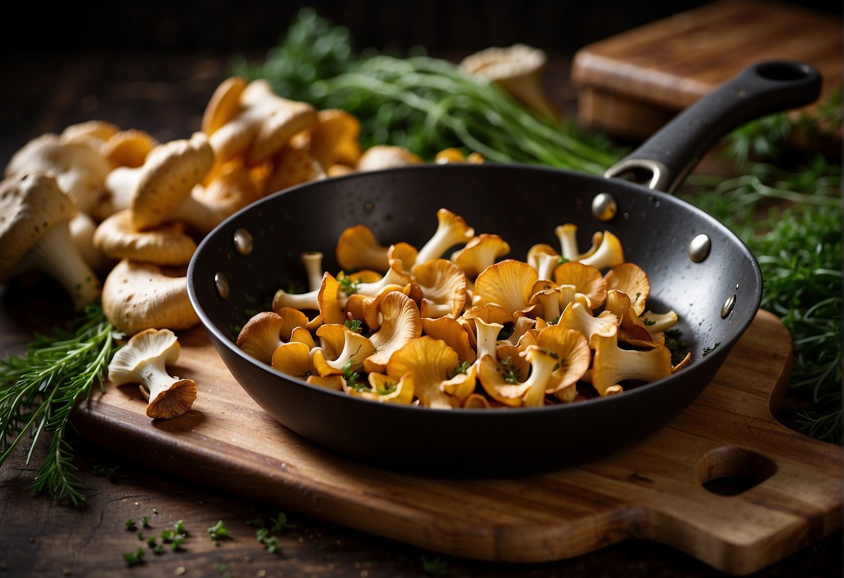 Chanterelle mushrooms being sautéed in a pan with garlic, butter, and thyme. A wooden cutting board holds a variety of fresh herbs and a basket of chanterelles
