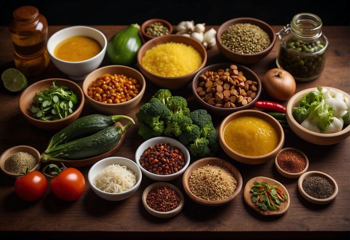 A variety of fresh vegetables, aromatic spices, and traditional sauces are neatly arranged on a wooden table, ready for Chinese cooking