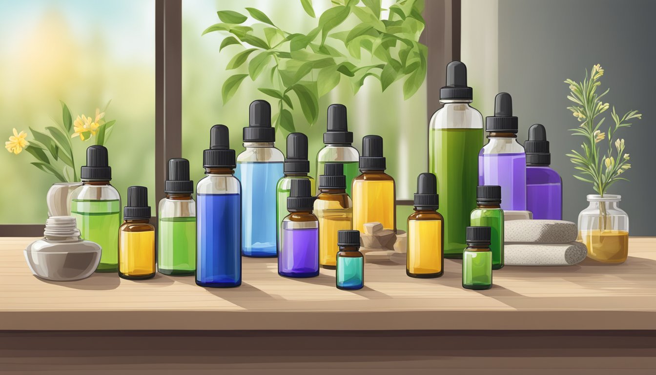 A table with various essential oil bottles, a diffuser, and safety guidelines displayed