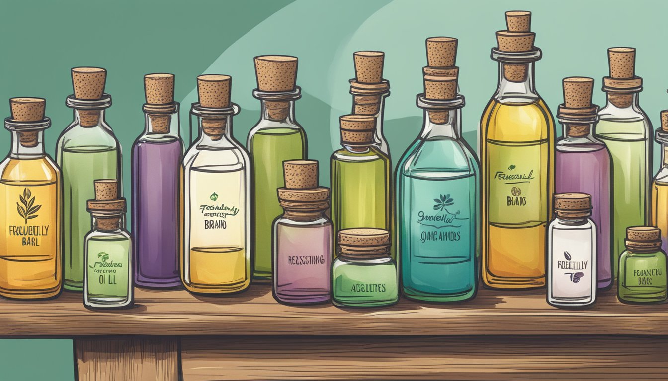 A table with various essential oil bottles arranged neatly, a sign reading "Frequently Asked Questions top essential oil brands" above them