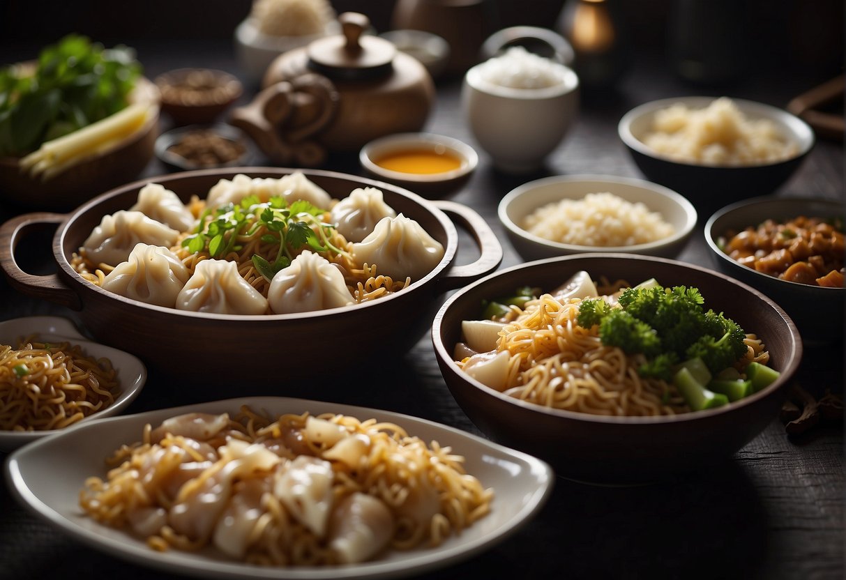 A table spread with popular Chinese dishes: dumplings, fried rice, hot pot, and stir-fried noodles. Ingredients like soy sauce, ginger, and garlic are visible