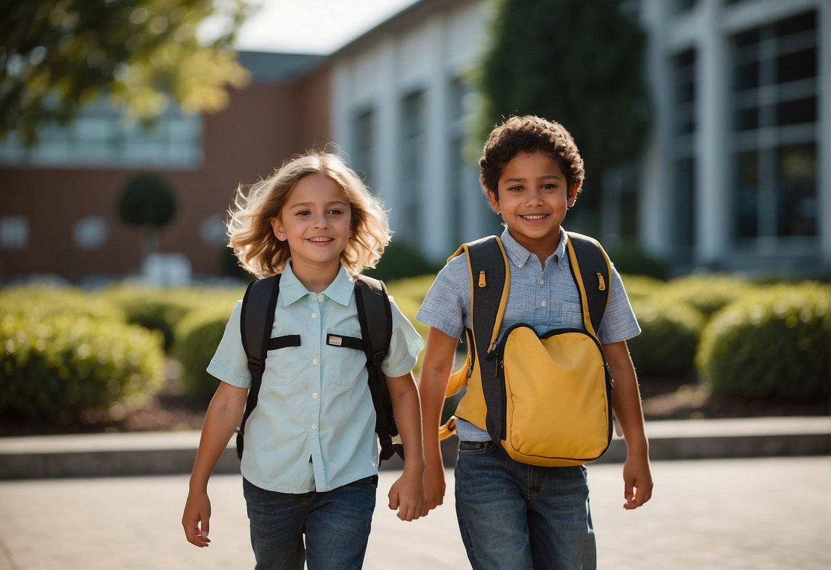 Two children walking together towards a school building, carrying backpacks and chatting happily. The school sign is visible in the background