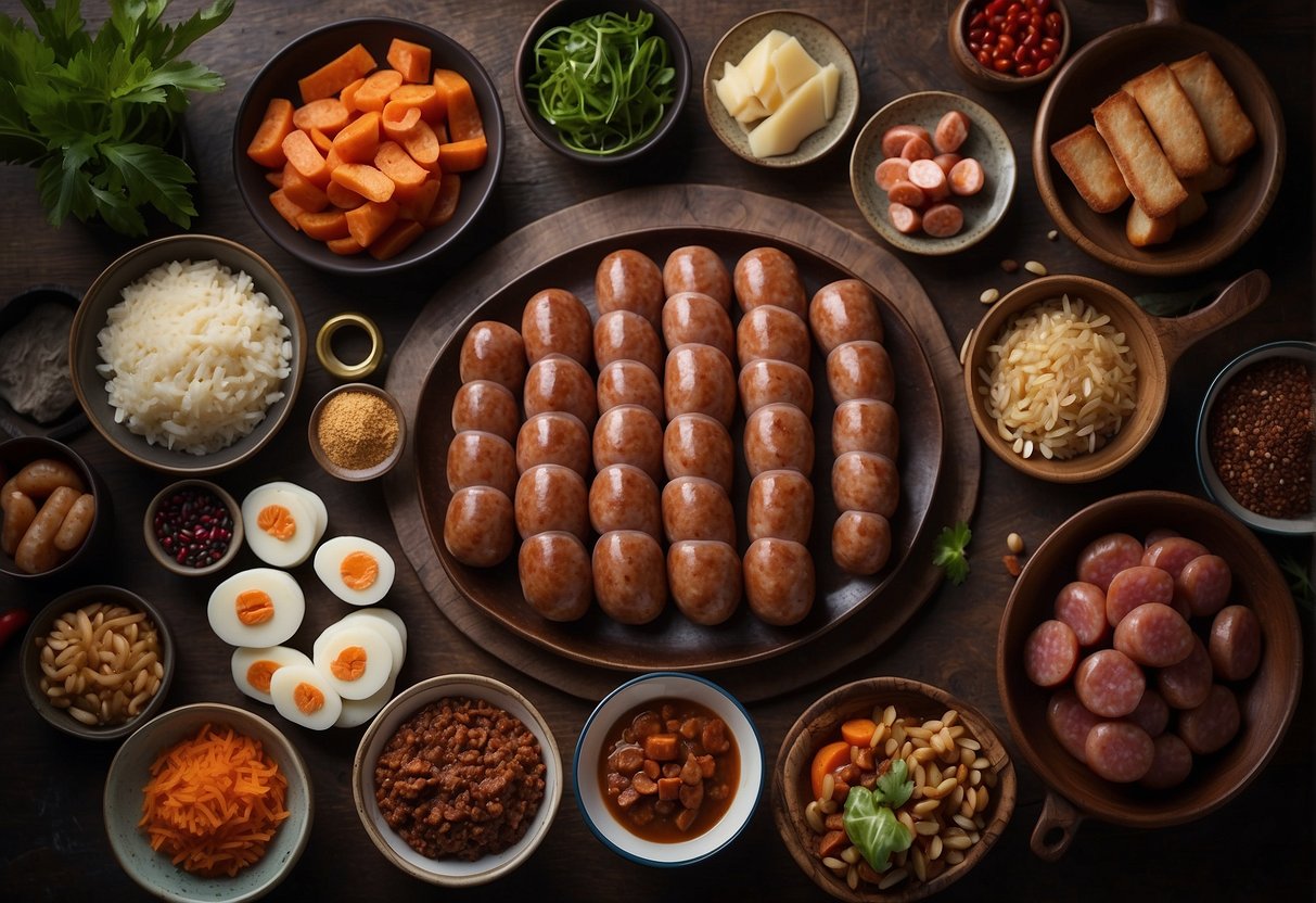 A table adorned with various Chinese style sausages, surrounded by traditional ingredients and cooking utensils