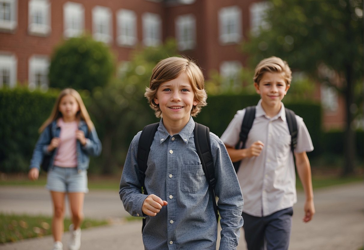 Siblings walking together towards a school building, one looking excited and the other looking hesitant. A group of friends approaches, welcoming one sibling while the other looks on with a mix of envy and loneliness