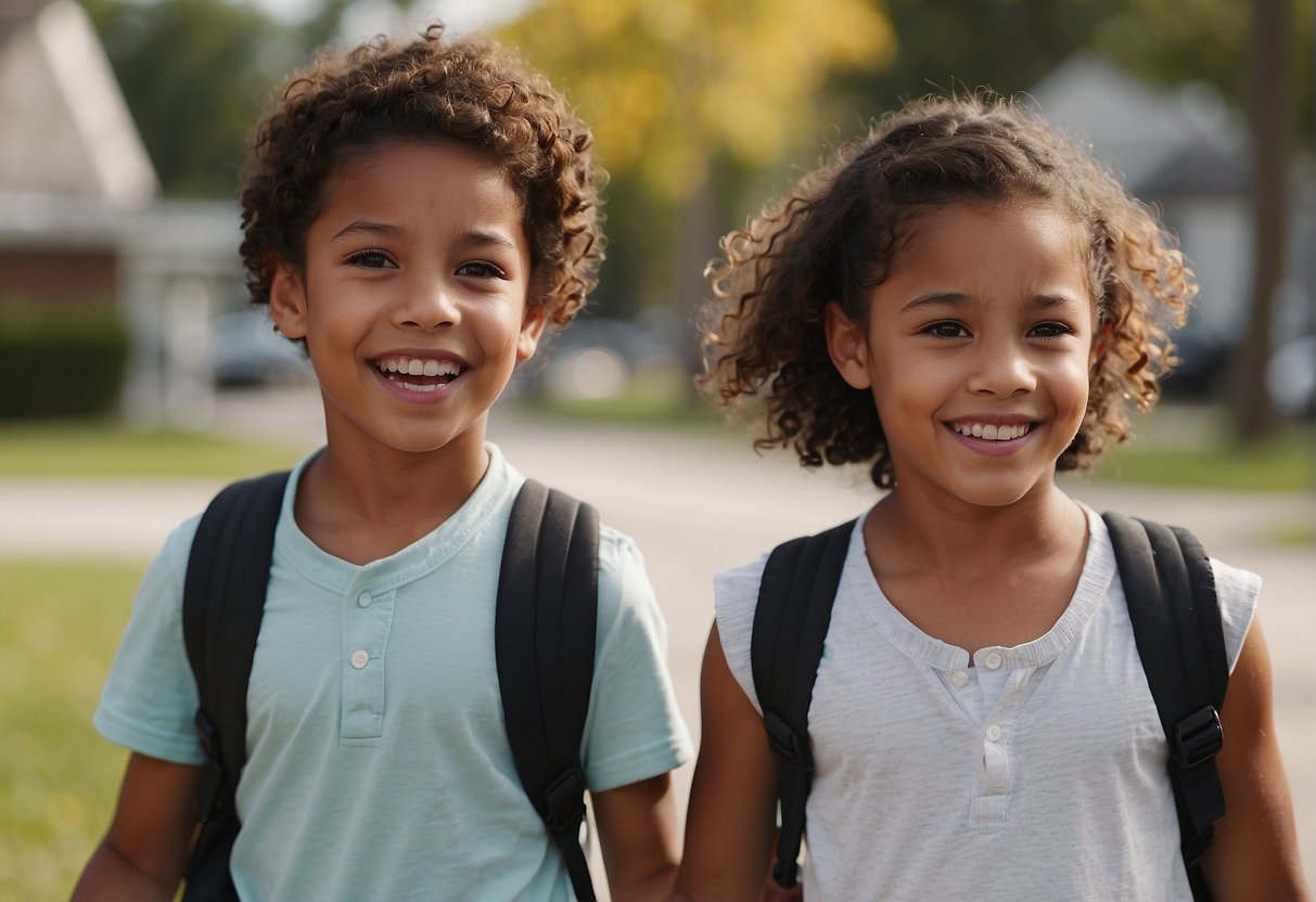 Two siblings walking together to school, one looking excited and the other hesitant. Their body language and facial expressions reflecting their conflicting emotions