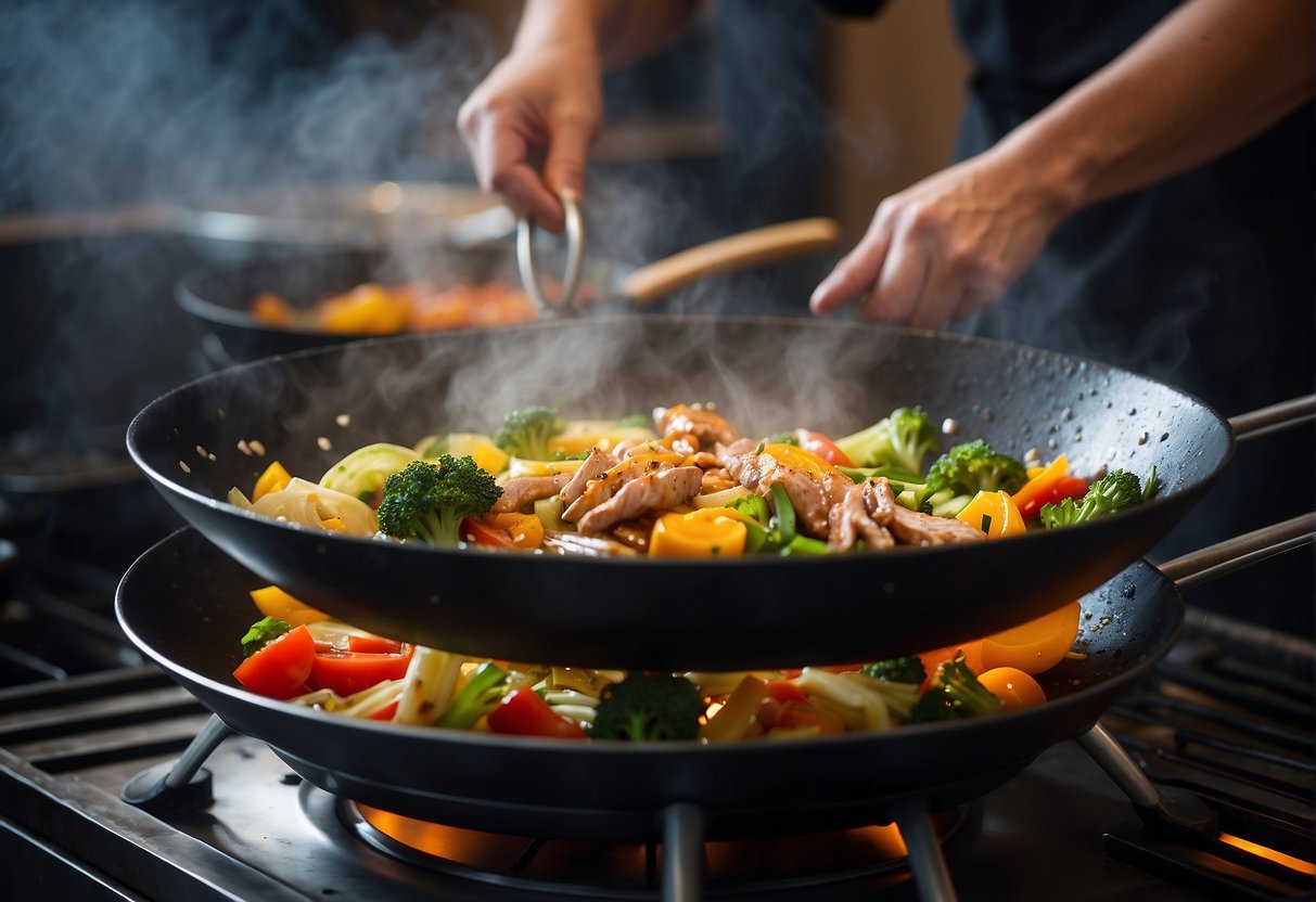 A wok sizzles over high heat, as a chef tosses vegetables and meat with precision. Steam rises as the aroma of ginger and garlic fills the air