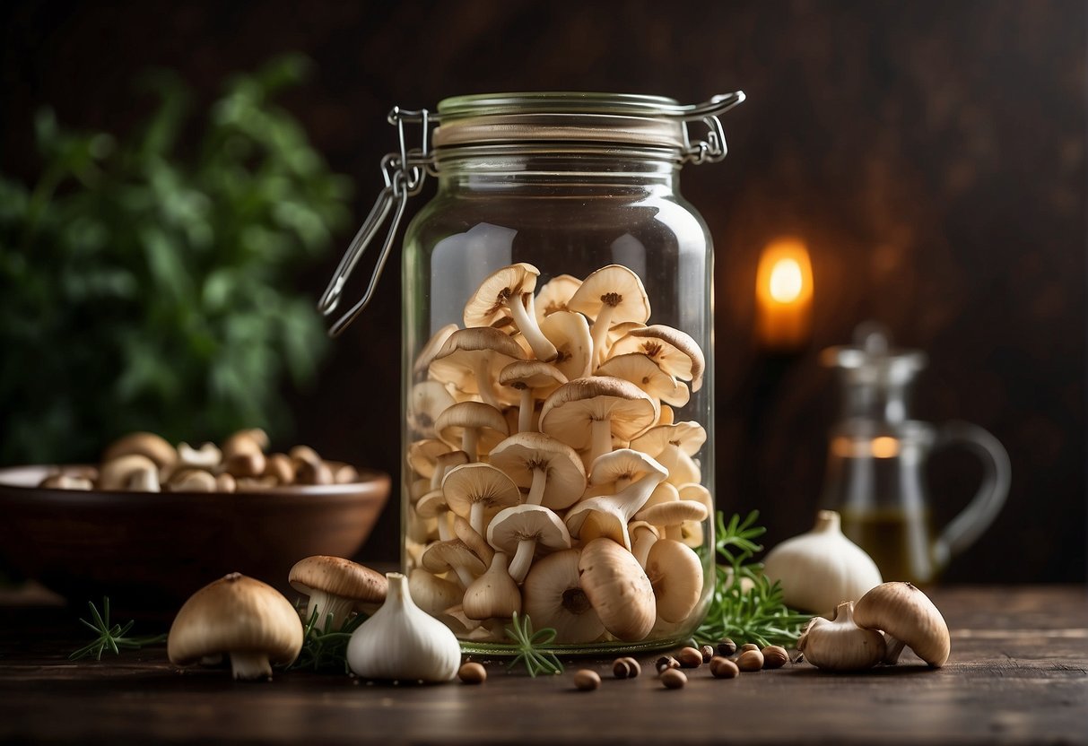 Sliced mushrooms in a glass jar, surrounded by garlic, peppercorns, and herbs, submerged in a brine of vinegar and water